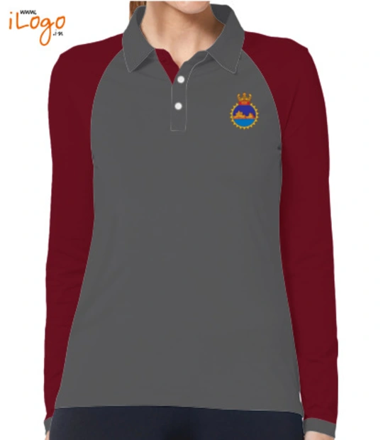 Indian Navy Collared T-Shirts INS-Ghomati-Women%s-Polo-Raglan-Full-Sleeves-With-Buttons T-Shirt
