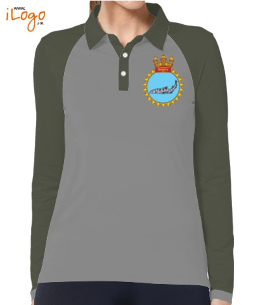 Indian Navy Collared T-Shirts INS-Sindhuraj-%S%-emblem-Women%s-Polo-Raglan-Full-Sleeves-With-Buttons T-Shirt